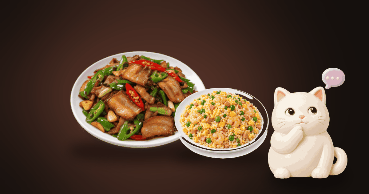 Illustration of a plate of stir-fried meat with green and red chilies next to a plate of fried rice on a dark table, with a small white cat thinking it over