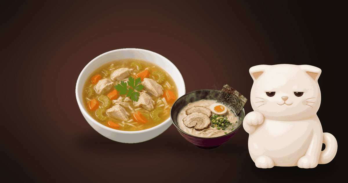 Illustration of a bowl of clear chicken soup next to a bowl of noodle soup on a dark table, with a small white cat looking tired