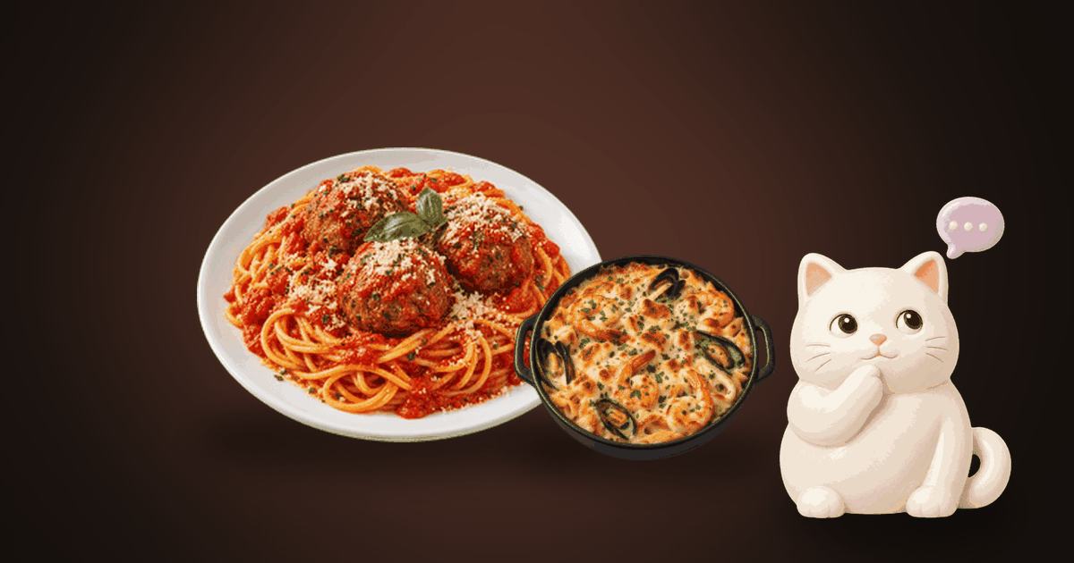 Illustration of a plate of spaghetti with meatballs and a baked seafood pasta on a dark table, with a small white cat thinking it over