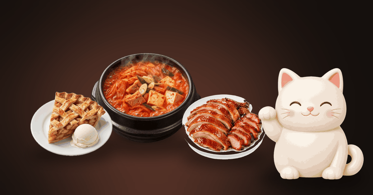 Illustration of a bowl of soup, a slice of lattice pie and a plate of roast meat on a dark table, with a small white cat looking happy