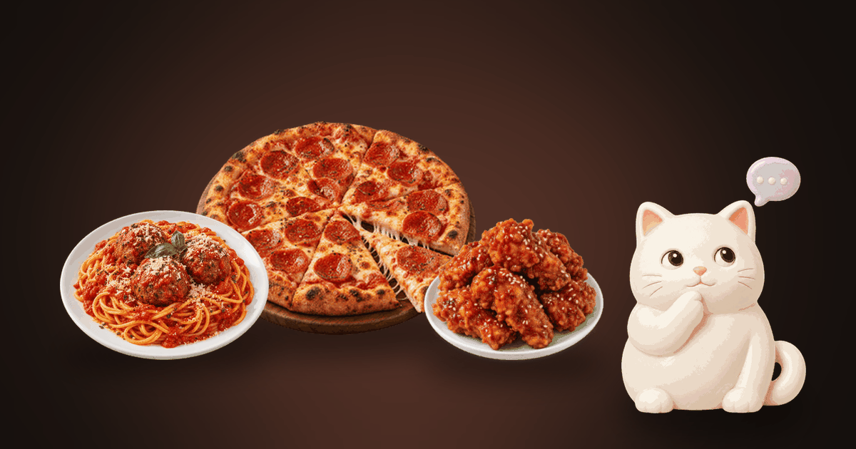 Illustration of a pizza, a plate of spaghetti and a bowl of fried chicken on a dark table, with a small white cat thinking it over