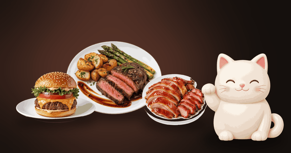 Illustration of a burger, a sliced steak with roasted potatoes and asparagus, and a plate of sliced roast meat on a dark table, with a small white cat looking happy