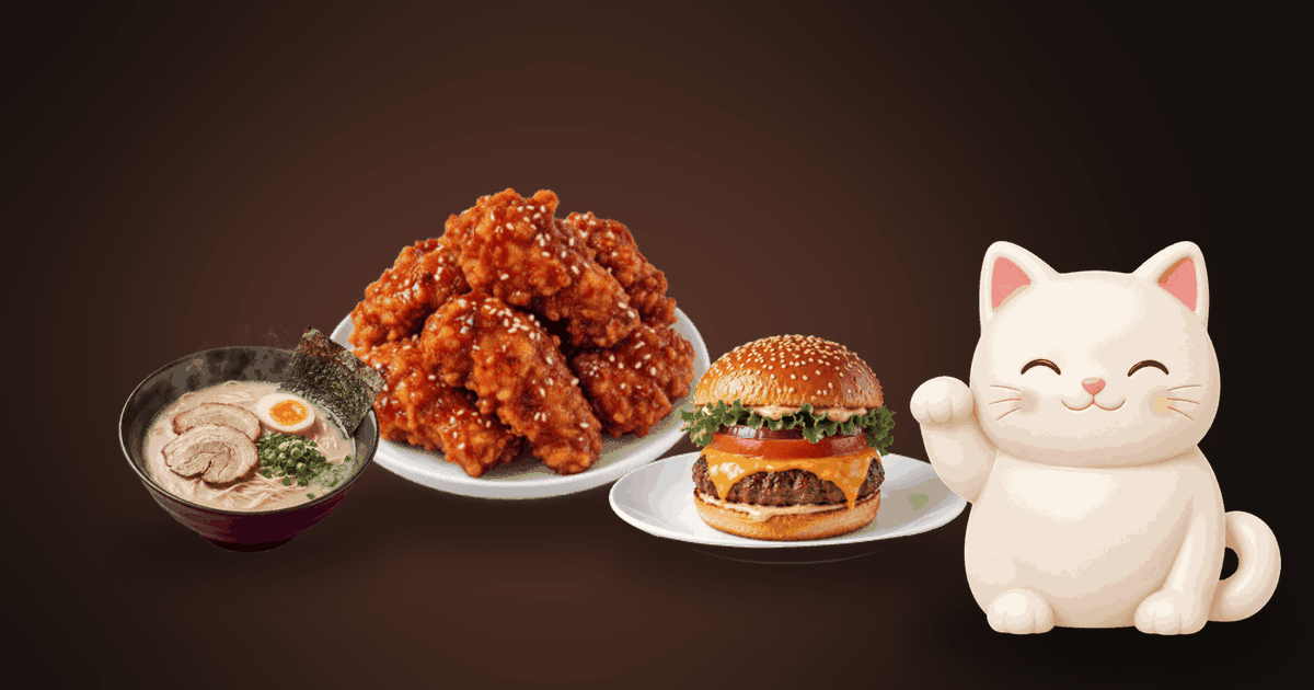 Illustration of a bowl of glazed fried chicken, a bowl of ramen and a cheeseburger on a dark table, with a small white cat looking happy