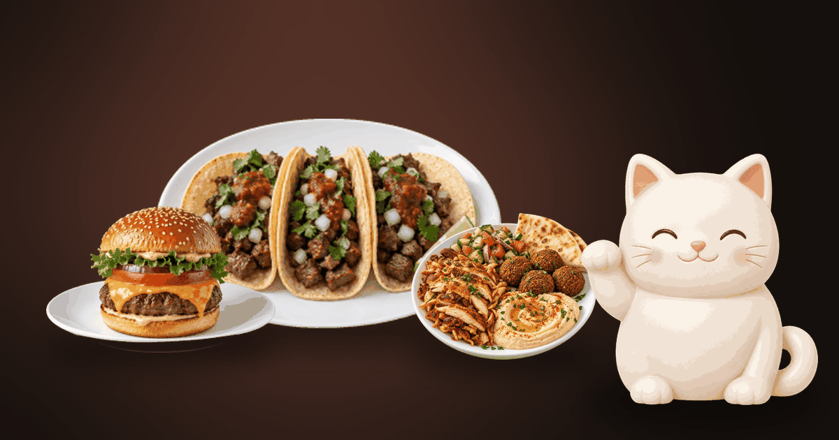 Illustration of tacos, a cheeseburger and a Mediterranean platter on a dark table, with a small white cat looking happy