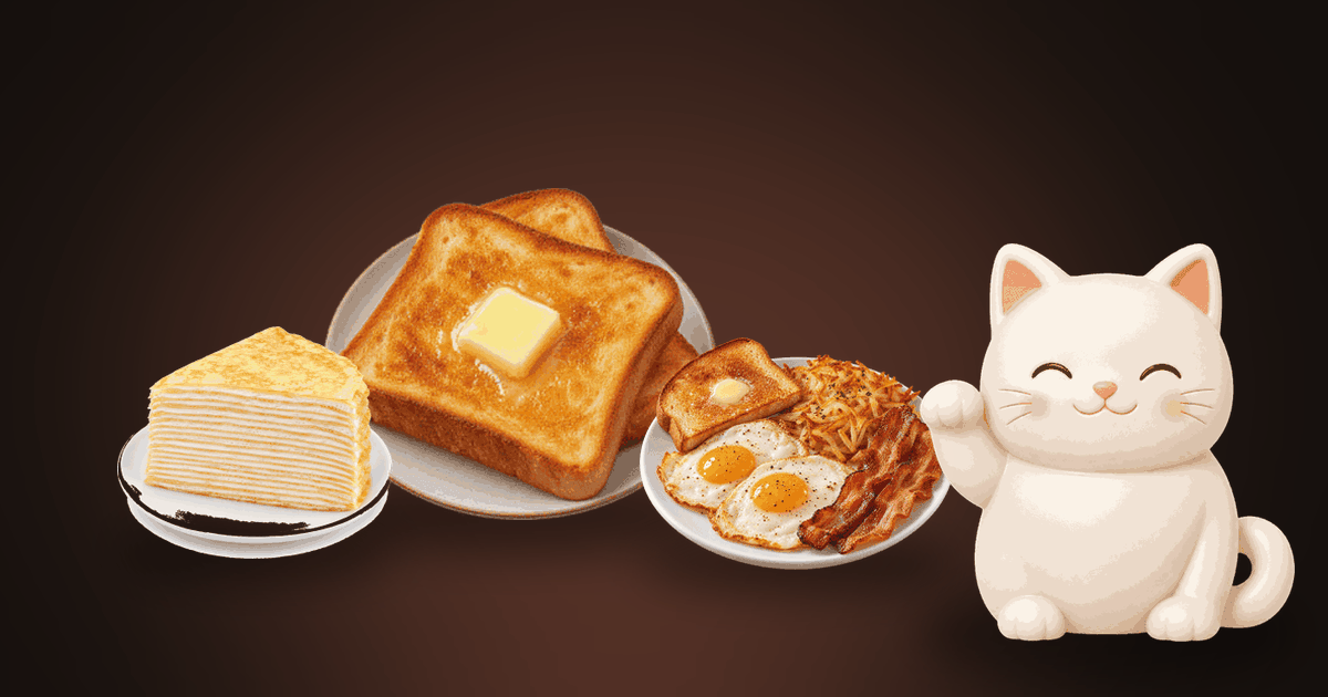 Illustration of buttered toast, a slice of layered crepe cake and a breakfast plate with eggs and bacon on a dark table, with a small white cat looking happy