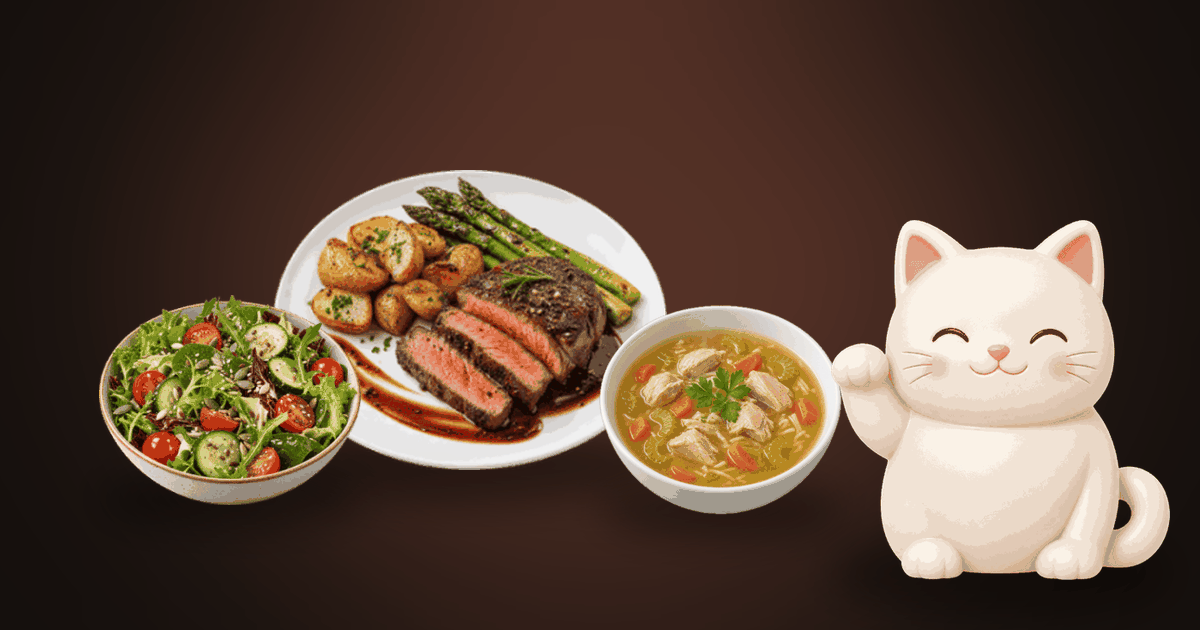 Illustration of a steak plate with vegetables, a green salad and a bowl of clear chicken soup on a dark table, with a small white cat looking happy