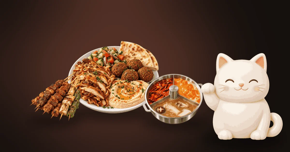 Illustration of a mezze plate with falafel, hummus and pita, a bundle of grilled skewers and a split hot pot on a dark table, with a small white cat looking happy