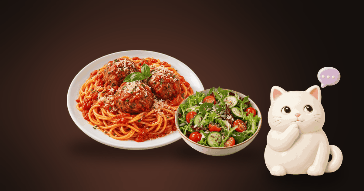Illustration of a plate of spaghetti and meatballs next to a green salad with cherry tomatoes on a dark table, with a small white cat thinking it over