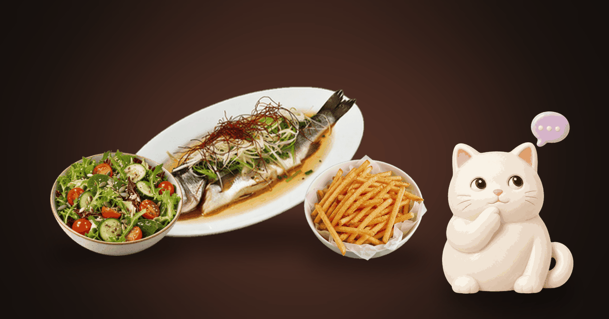 Illustration of a whole steamed fish, a bowl of green salad and a basket of fries on a dark table, with a small white cat thinking