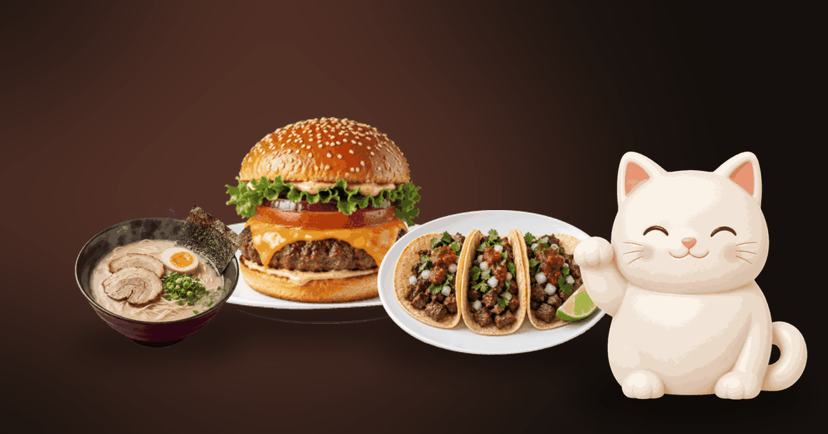 Illustration of a cheeseburger, a bowl of ramen and tacos on a dark table, with a small white cat looking happy