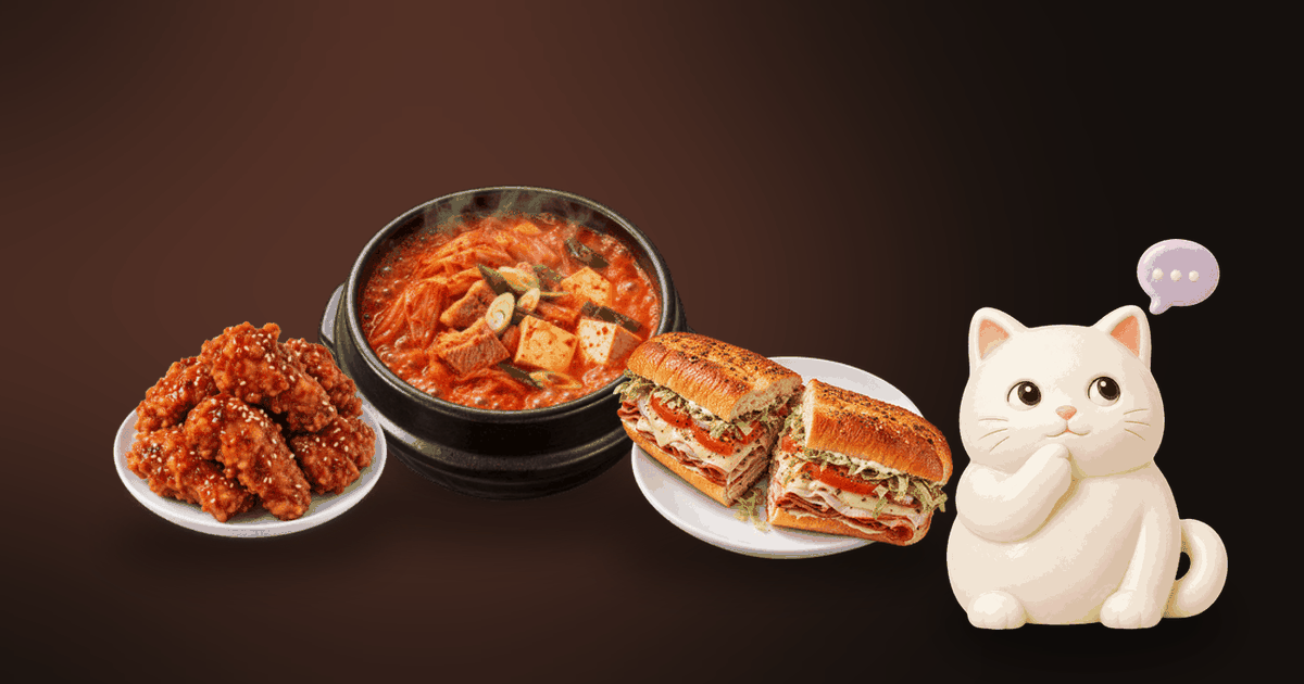 Illustration of a pot of red stew, a plate of glazed fried chicken and a sub sandwich on a dark table, with a small white cat thinking it over