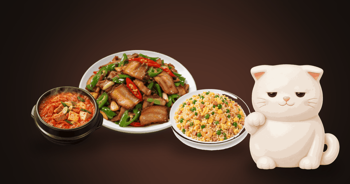 Illustration of a stir-fry, a bowl of soup and a plate of fried rice on a dark table, with a small white cat looking tired
