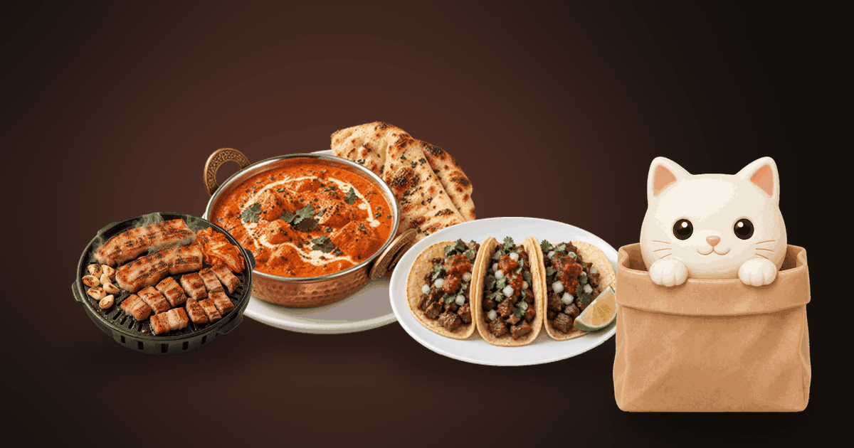 Illustration of a bowl of butter chicken with naan, a grill pan of sizzling meat and a plate of tacos on a dark table, with a small white cat carrying a bag