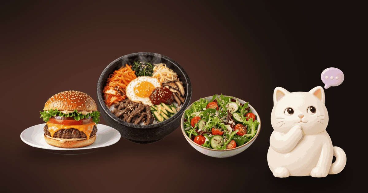 Illustration of a Korean rice bowl, a burger and a salad on a dark table, with a small white cat thinking it over