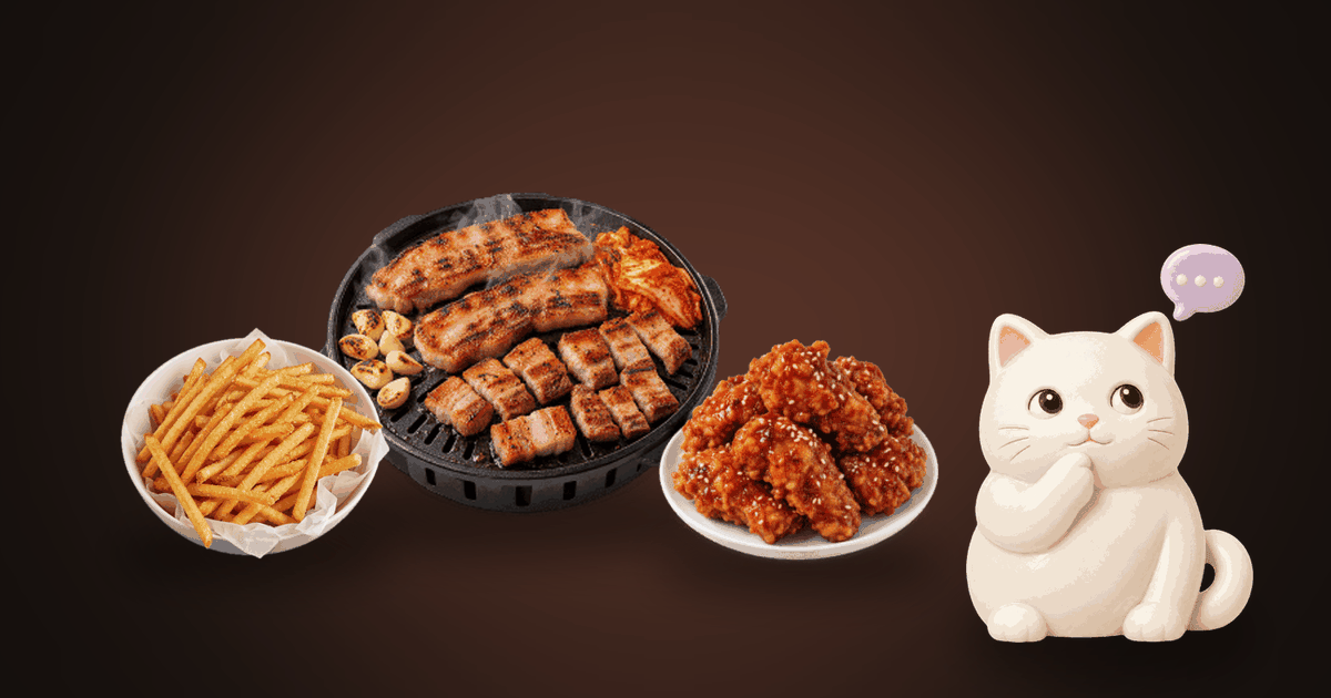 Illustration of a plate of grilled meat, a basket of fries and a bowl of fried chicken on a dark table, with a small white cat thinking it over