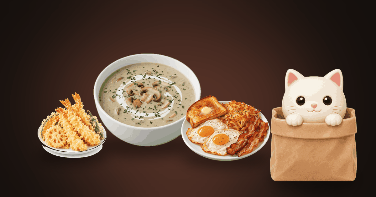 Illustration of a bowl of creamy soup, a plate of golden fried tempura and an American breakfast plate on a dark table, with a small white cat carrying a bag