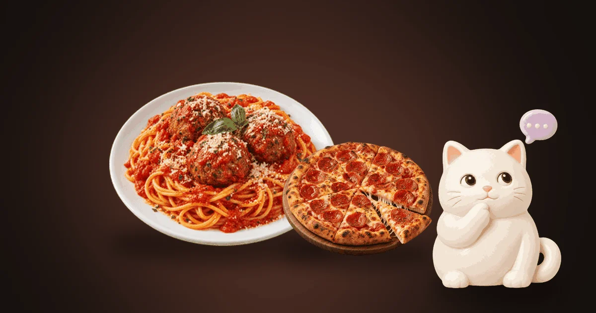 Illustration of a plate of spaghetti and meatballs and a pepperoni pizza on a dark table, with a small white cat thinking it over