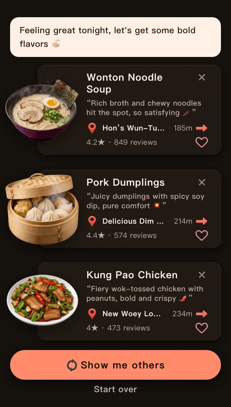Today's Mealow results for a bold Chinese dinner for one in San Francisco's Chinatown, with the greeting Feeling great tonight, let's get some bold flavors and three dishes: Wonton Noodle Soup, 185 m, 4.2 stars; Pork Dumplings, 214 m, 4.4 stars; Kung Pao Chicken, 234 m, 4.0 stars; with a Show me others button below