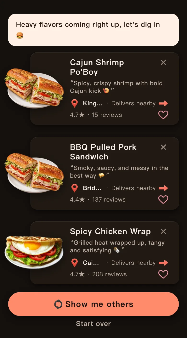Today's Mealow results for Staying in near downtown Portland, Oregon, with the greeting Heavy flavors coming right up, let's dig in, and three dishes marked Delivers nearby: Cajun Shrimp Po'Boy, 4.7 stars; BBQ Pulled Pork Sandwich, 4.4 stars; Spicy Chicken Wrap, 4.7 stars; with a Show me others button below