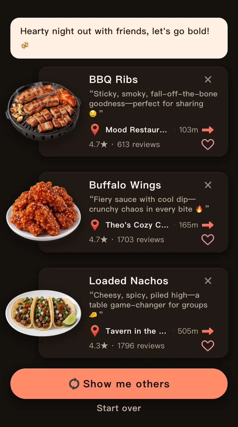 Today's Mealow results for a bold dinner with friends in Boston's North End, with the greeting Hearty night out with friends, let's go bold! and three dishes: BBQ Ribs, 103 m, 4.7 stars; Buffalo Wings, 165 m, 4.7 stars; Loaded Nachos, 505 m, 4.3 stars; with a Show me others button below