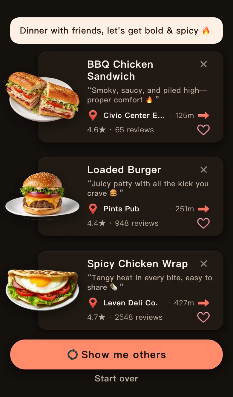 Today's Mealow results near Civic Center in Denver with the greeting Dinner with friends, let's get bold and spicy, showing BBQ Chicken Sandwich, smoky, saucy and piled high, 125 m away; Loaded Burger, 251 m away; and Spicy Chicken Wrap, tangy heat in every bite, 427 m away