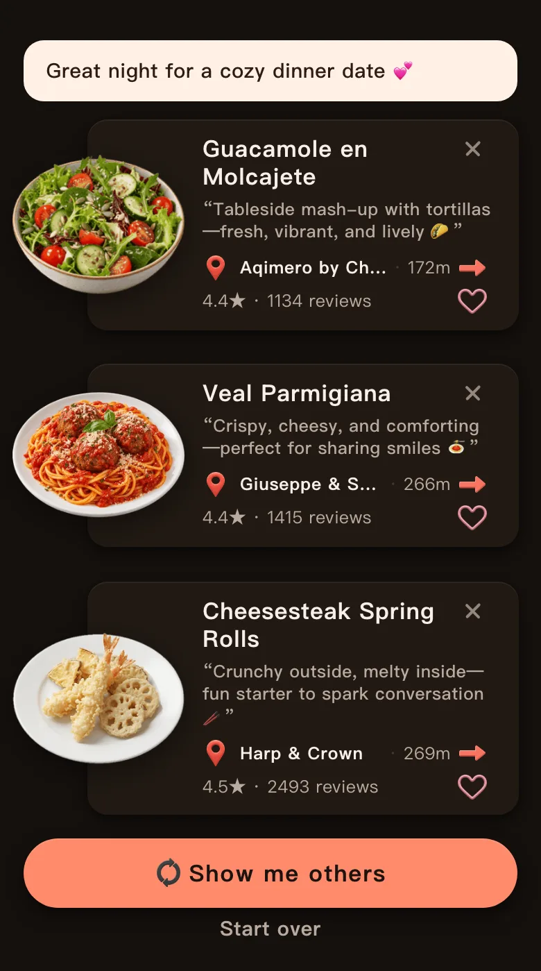Today's Mealow results in Center City Philadelphia with the greeting Great night for a cozy dinner date, showing Guacamole en Molcajete, 172 m away; Veal Parmigiana, crispy, cheesy and comforting, 266 m away; and Cheesesteak Spring Rolls, crunchy outside, melty inside, 269 m away