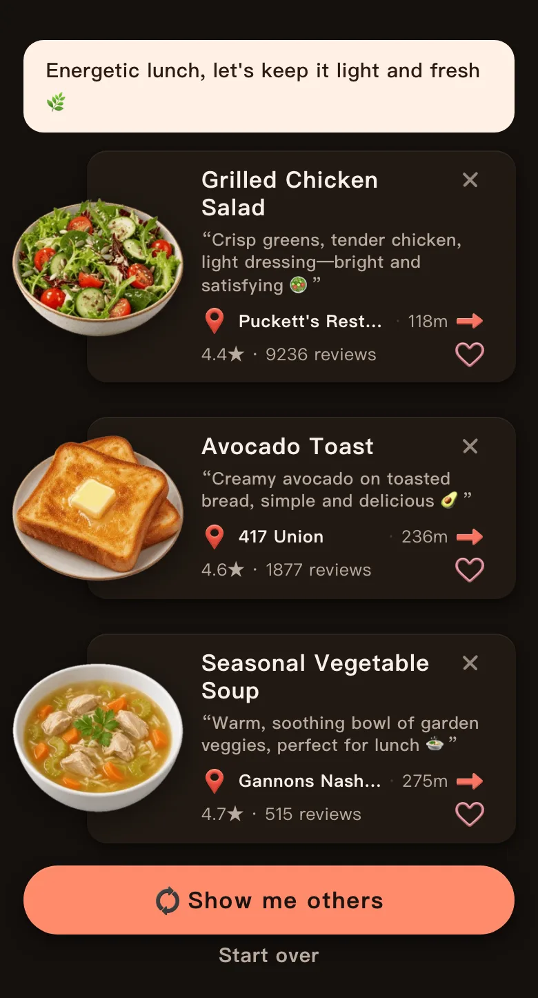 Today's Mealow results for a light solo lunch in downtown Nashville, with the greeting Energetic lunch, let's keep it light and fresh, and three dishes: Grilled Chicken Salad, 118 m, 4.4 stars; Avocado Toast, 236 m, 4.6 stars; Seasonal Vegetable Soup, 275 m, 4.7 stars; with a Show me others button below