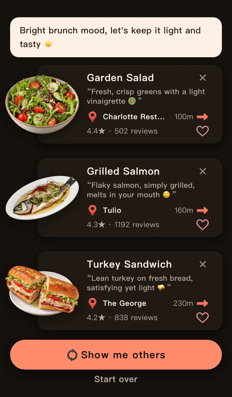 Today's Mealow results for downtown Seattle with the greeting Bright brunch mood, let's keep it light and tasty, and three picks: Garden Salad, 100 m, 4.4 stars; Grilled Salmon, 160 m, 4.3 stars; Turkey Sandwich, 230 m, 4.2 stars; with a Show me others button below