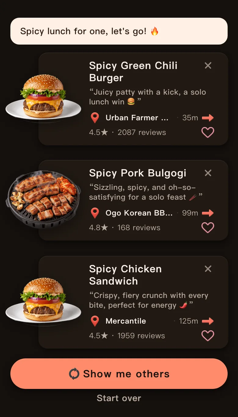 Today's Mealow results for a spicy solo lunch in Denver's LoDo, with the greeting Spicy lunch for one, let's go! and three dishes: Spicy Green Chili Burger, 35 m, 4.5 stars; Spicy Pork Bulgogi, 99 m, 4.8 stars; Spicy Chicken Sandwich, 125 m, 4.5 stars; with a Show me others button below