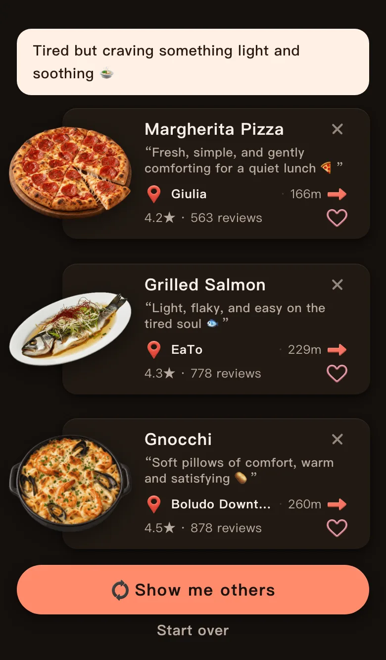 Today's Mealow results for downtown Minneapolis with the greeting Tired but craving something light and soothing, and three picks: Margherita Pizza, 166 m, 4.2 stars; Grilled Salmon, 229 m, 4.3 stars; Gnocchi, 260 m, 4.5 stars; with a Show me others button below