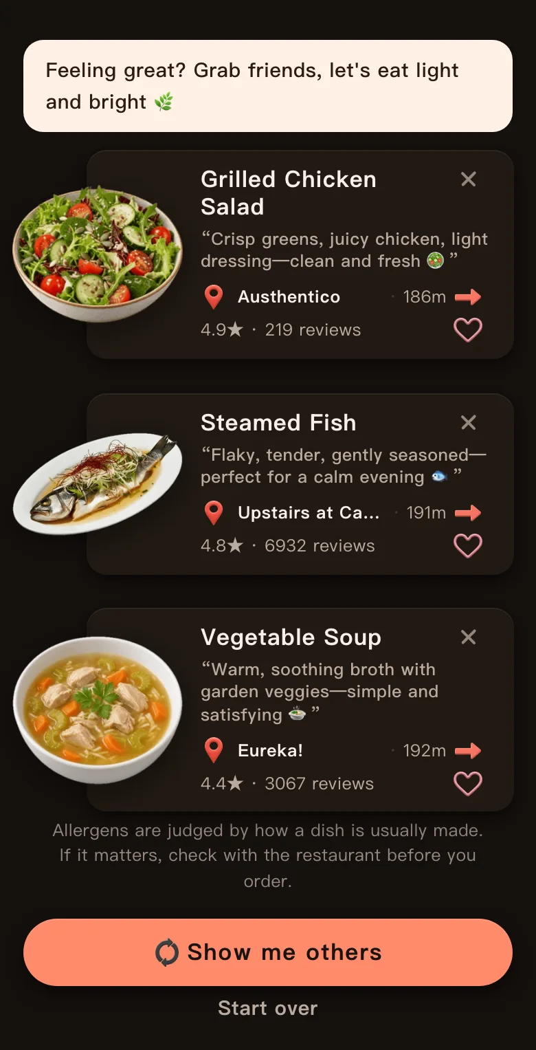 Today's Mealow results for a light dinner with friends in downtown Austin, with the greeting Feeling great? Grab friends, let's eat light and bright, and three dishes: Grilled Chicken Salad, 186 m, 4.9 stars; Steamed Fish, 191 m, 4.8 stars; Vegetable Soup, 192 m, 4.4 stars; with an allergen note and a Show me others button below