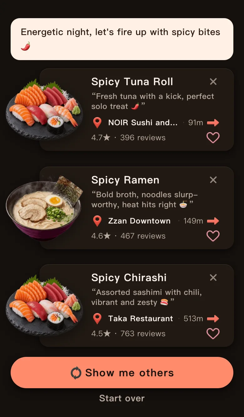 Today's Mealow results in downtown San Diego with the greeting Energetic night, let's fire up with spicy bites, and three dishes: Spicy Tuna Roll, 91 m, 4.7 stars; Spicy Ramen, 149 m, 4.6 stars; Spicy Chirashi, 513 m, 4.5 stars; with a Show me others button below