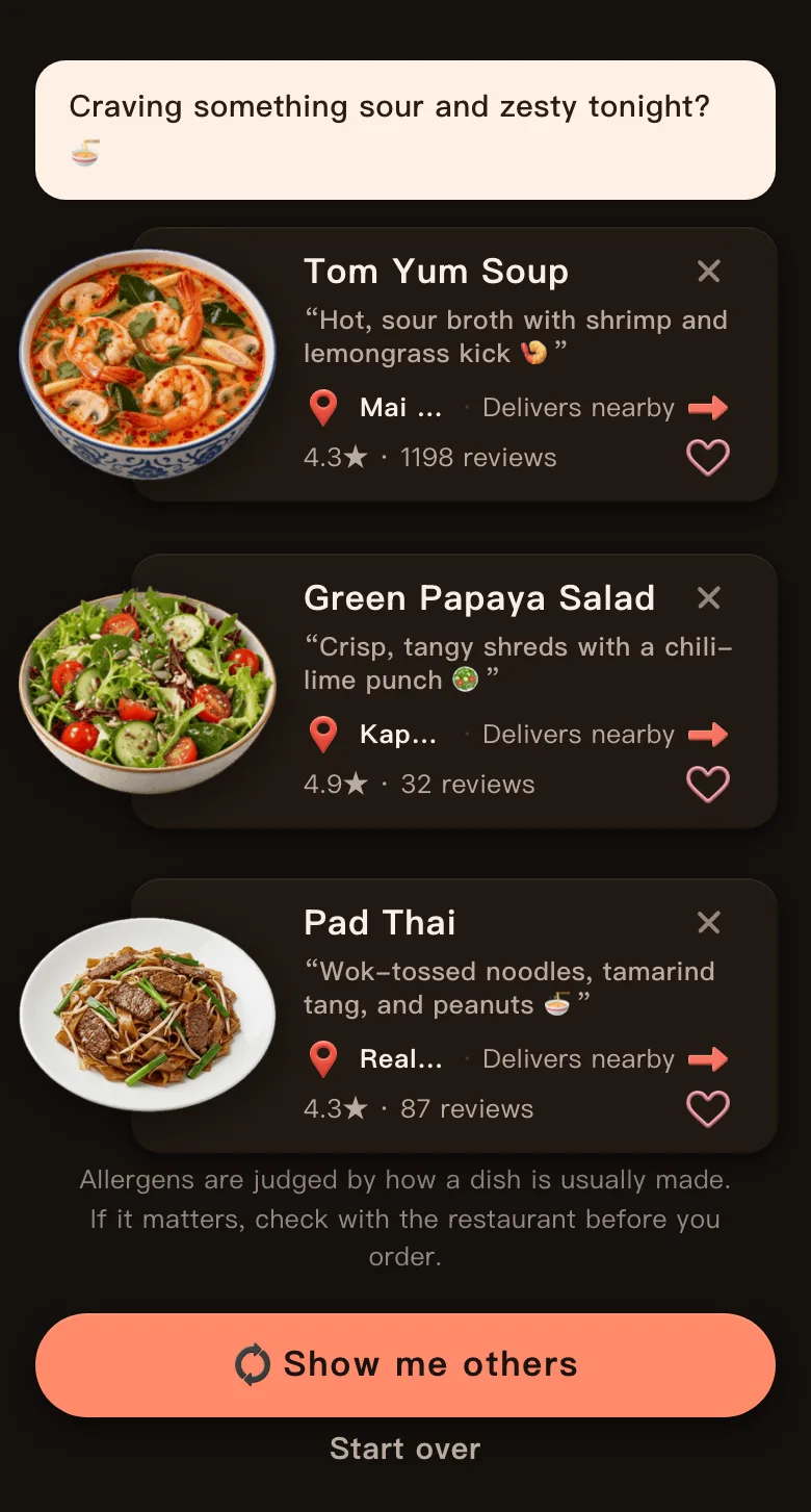 Today's Mealow results for Staying in near downtown Austin, with the greeting Craving something sour and zesty tonight? and three dishes marked Delivers nearby: Tom Yum Soup at Mai Thai Restaurant, 4.3 stars; Green Papaya Salad at Kapow Thai Flying Saucer, 4.9 stars; Pad Thai at Real Thai Food, 4.3 stars; with an allergen note and a Show me others button below