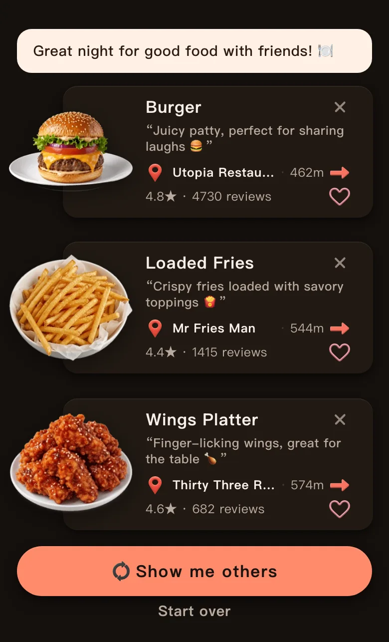 Today's Mealow results for dinner with friends in downtown Atlanta, with the greeting Great night for good food with friends! and three picks from different nearby places: Burger, 462 m, 4.8 stars; Loaded Fries, 544 m, 4.4 stars; Wings Platter, 574 m, 4.6 stars; with a Show me others button below