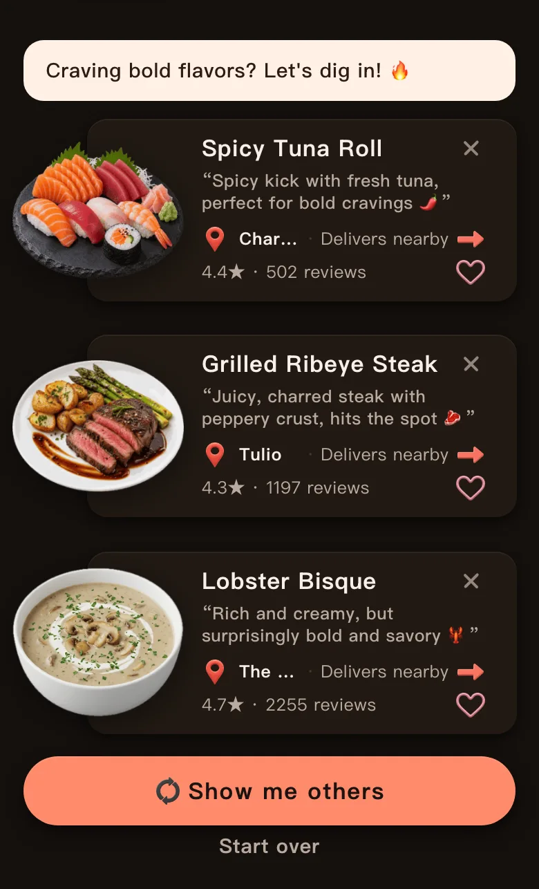 Today's Mealow results for Staying in near downtown Seattle with the greeting Craving bold flavors? Let's dig in!, and three dishes marked Delivers nearby: Spicy Tuna Roll, 4.4 stars; Grilled Ribeye Steak, 4.3 stars; Lobster Bisque, 4.7 stars; with a Show me others button below