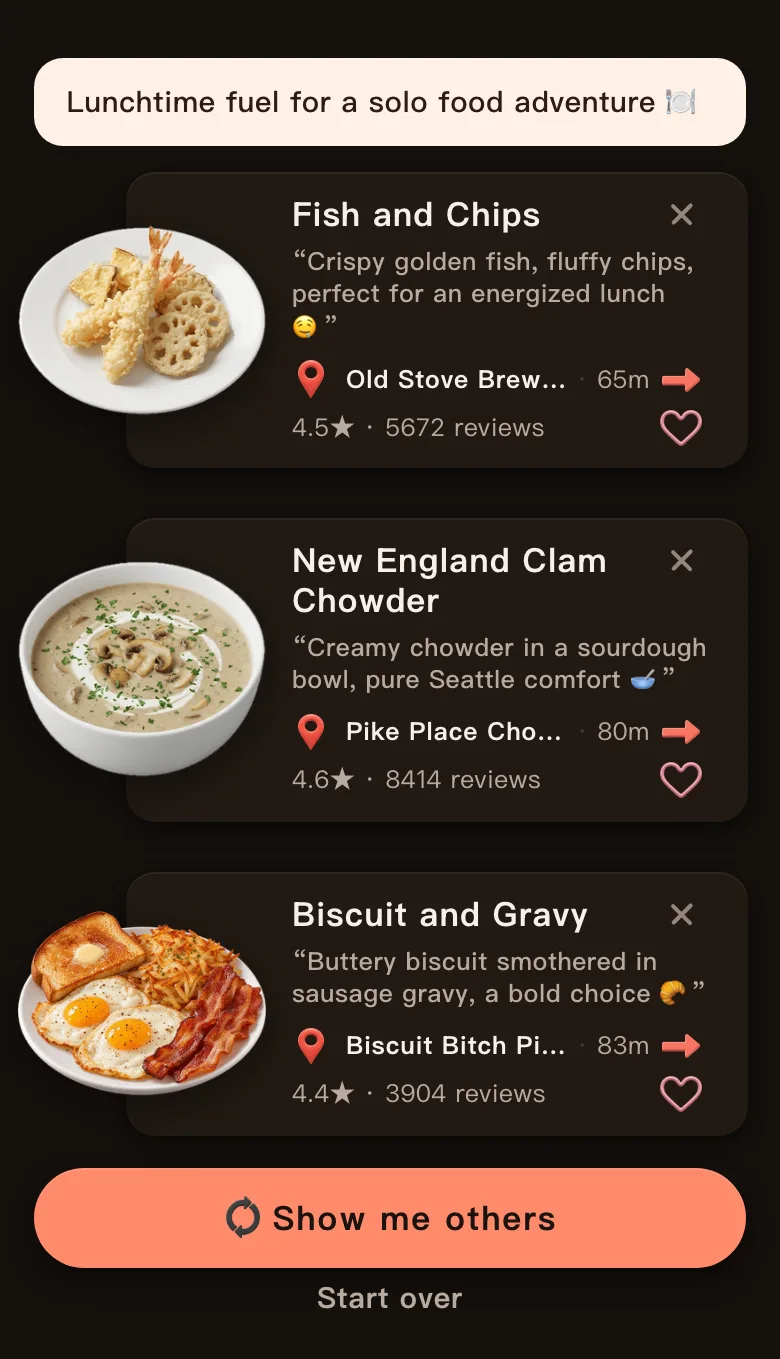 Today's Mealow results for a solo lunch near Pike Place Market, Seattle, with the greeting Lunchtime fuel for a solo food adventure and three dishes: Fish and Chips, 65 m, 4.5 stars; New England Clam Chowder, 80 m, 4.6 stars; Biscuit and Gravy, 83 m, 4.4 stars; with a Show me others button below