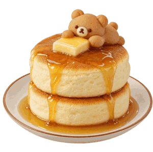 A stack of soufflé pancakes with a little bear on top