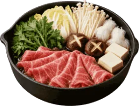 A pot of sukiyaki with beef, tofu and mushrooms