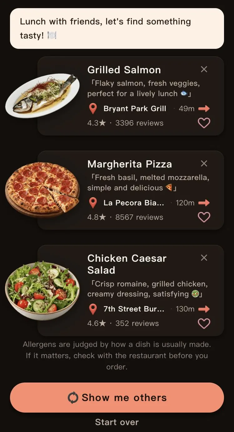 Screenshot of a real Today's Mealow result: lunch with friends near Bryant Park in Midtown Manhattan, no beef, with grilled salmon, Margherita pizza and a chicken Caesar salad from three places within 150 m